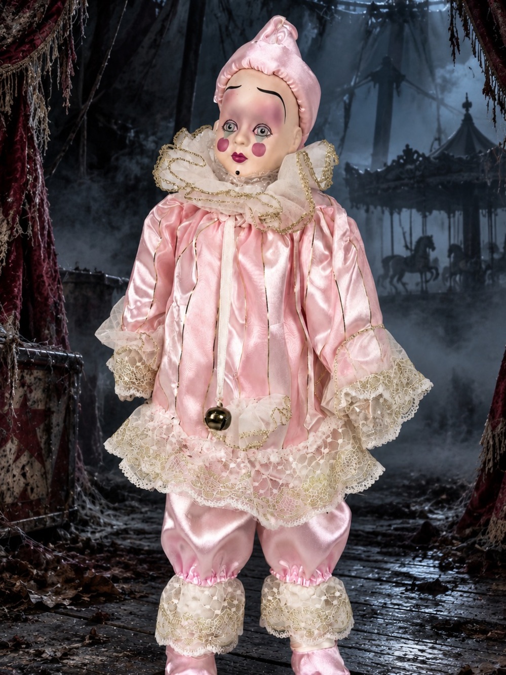 Pink Porcelain Pierrot Clown Doll Halloween Decor Satin Lace Gold Trim